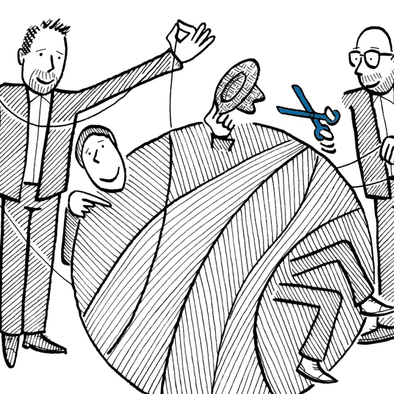 Illustration: Grosser Wollknäuel, eine Schere, eine einfache Lösung.