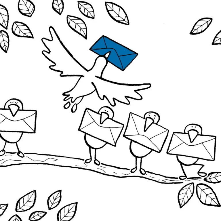 Illustration: Brieftauben mit Briefen.