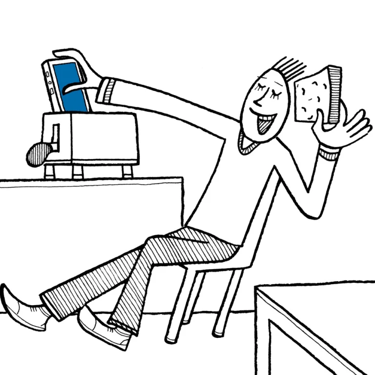 Illustration: Toast am Ohr, Handy im Toaster.