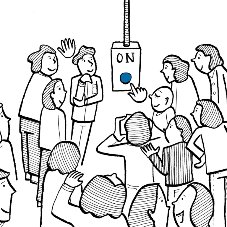 Illustration: Menschen sehen, wie man ein einen einfachen Knopf drücken könnte.