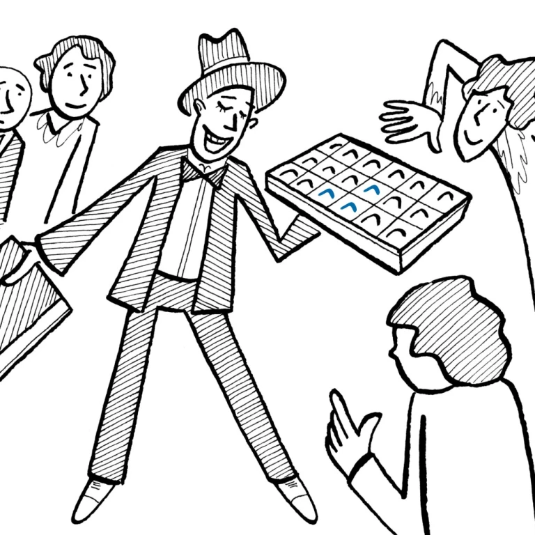 Illustration: Mann verteilt die besten Pralinen.